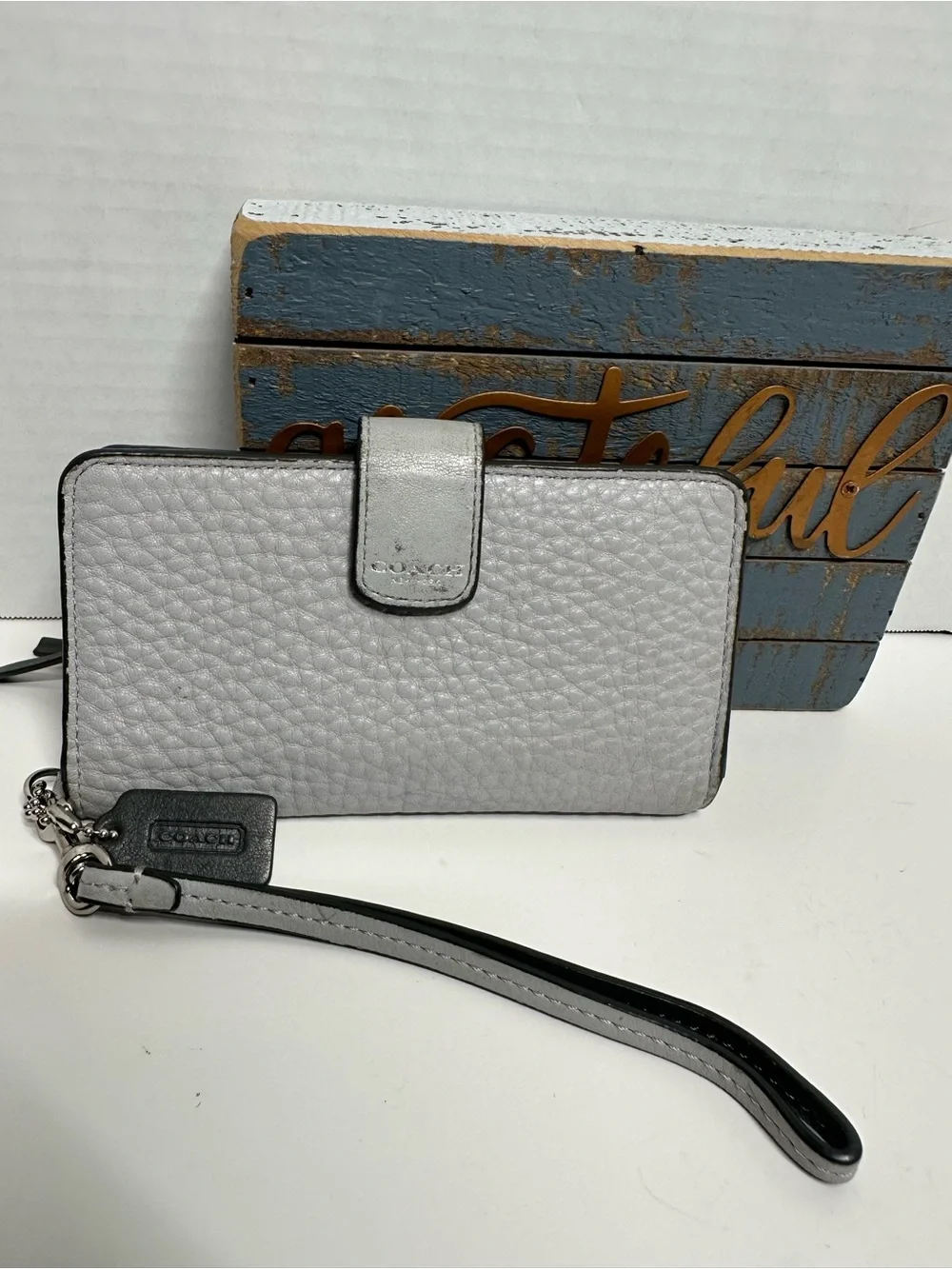 Coach Silver Pebbled Leather Wristlet Case with Strap